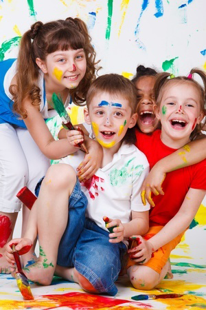 Laughing kids having fun with paints (kids, kindergarten, school) @Anatoliy Samara